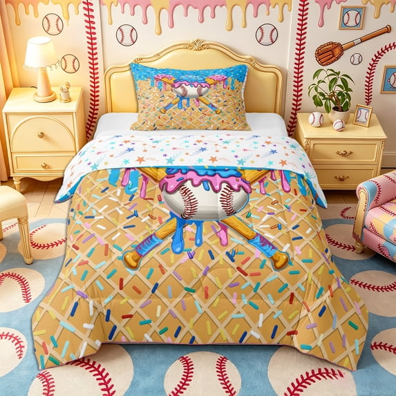 Castle Fairy Baseball Ice Cream Print Twin Comforter Sets 2pcs, Sport Theme Bedding Set, Blue Pink Yellow,1 Comforter and 1 Pillowcase