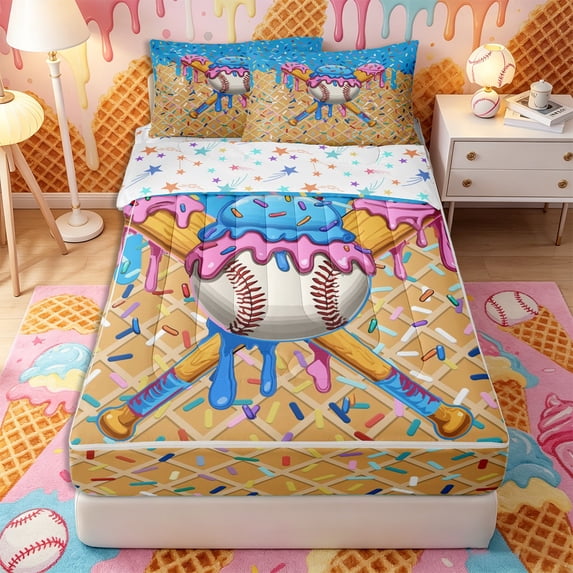 Castle Fairy Baseball Ice Cream Print Zipper Full Size Comforter Sets with Fitted Sheet and 2 Pillowcases, Sport Theme Zipper Bedding Set, Blue Pink Yellow,4pcs