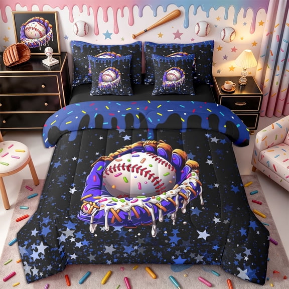 Castle Fairy Baseball Ice Cream Twin Bedding 7-Piece, Gradient Stars Print Bedding Comforter Set, Black Purple,Black Reversible