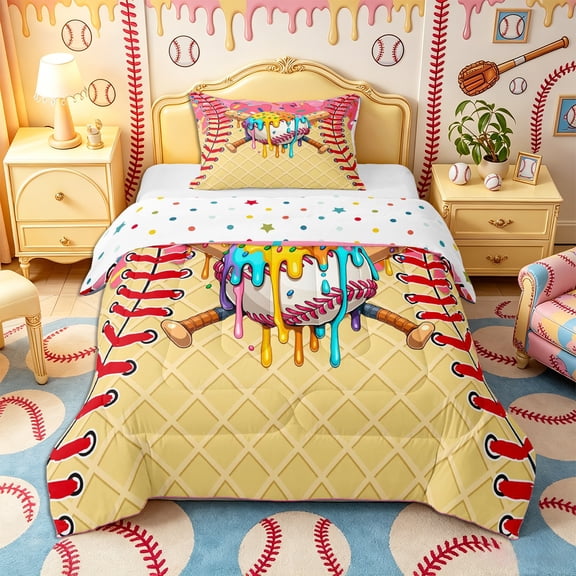 Castle Fairy Baseball Ice Cream Twin Comforter Sets 2pcs, Sport Theme Bedding Set, Yellow Pink Blue,1 Comforter and 1 Pillowcase