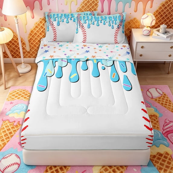 Castle Fairy Baseball Ice Cream Zipper Full Size Comforter Sets with Fitted Sheet and 2 Pillowcases, Ball Gamer Zipper Bedding Set, Blue White Red,4pcs