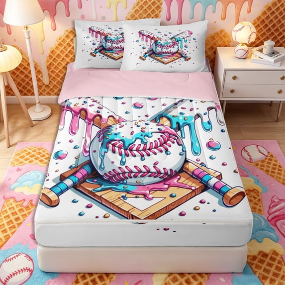 Castle Fairy Baseball Ice Cream Zipper Full Size Comforter Sets with Fitted Sheet and 2 Pillowcases, Sport Theme Splash Zipper Bedding Set, Pink Blue White,4pcs,Pink Reversible