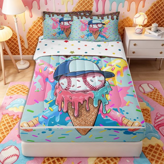 Castle Fairy Baseball Ice Cream Zipper Twin Comforter Sets with Fitted Sheet and 2 Pillowcases, Graffiti Splash Zipper Bedding Set, Blue Pink Teal,4-Piece