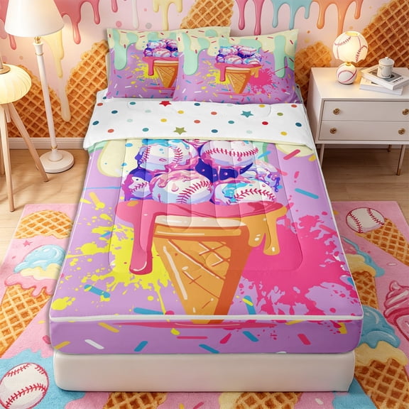 Castle Fairy Baseball Ice Cream Zipper Twin Comforter Sets with Fitted Sheet and 2 Pillowcases, Sport Theme Graffiti Splash Zipper Bedding Set, Pink Yellow Purple,4-Piece