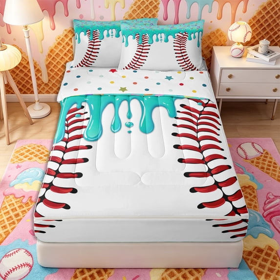 Castle Fairy Baseball Ice Cream Zipper Twin Comforter Sets with Fitted Sheet and 2 Pillowcases, Ball Gamer Zipper Bedding Set, Teal Red,4-Piece