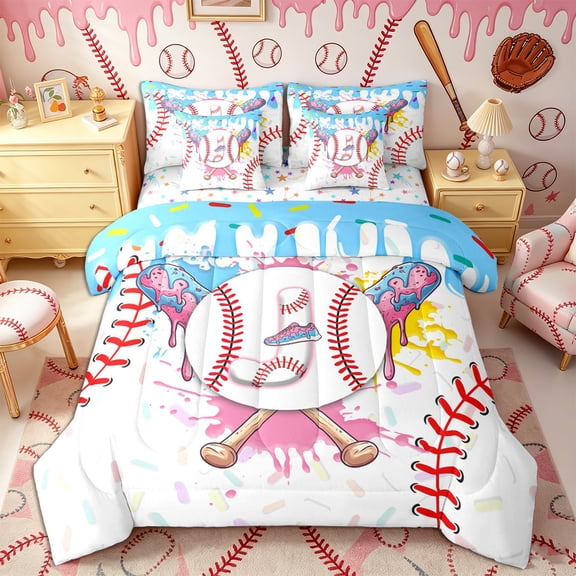 Castle Fairy Baseball Letter J King Bedding 7pcs, Sprinkle Drip Pattern King Bed in a Bag, Pink Blue White