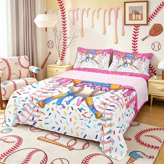 Castle Fairy Baseball Print Bed Sheets 4-Piece, Ice Cream Drip Full Size Sheets, Pink Blue,1 Fitted Sheet, 1 Flat Sheet and 2 Pillowcases