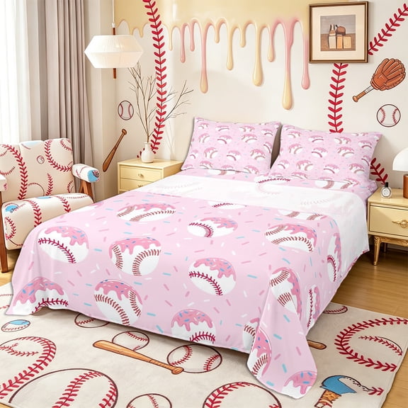 Castle Fairy Baseball Print Bed Sheets 4-Piece, Pink Ice Cream Drip Full Size Sheets,1 Fitted Sheet, 1 Flat Sheet and 2 Pillowcases