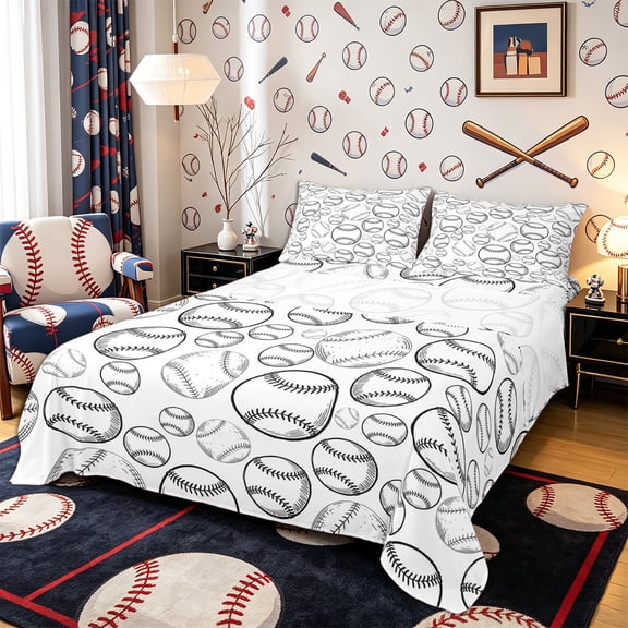 Castle Fairy Baseball Print Bed Sheets 4-Piece, Sport Theme Full Size Sheets, White Black,1 Fitted Sheet, 1 Flat Sheet and 2 Pillowcases