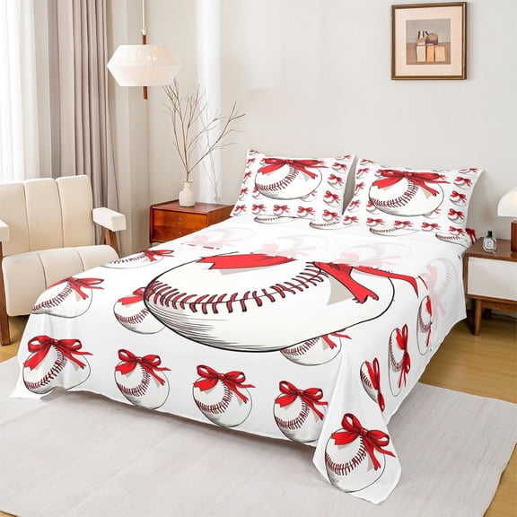 Castle Fairy Baseball Print Bed Sheets for Kids Boys Girls,Red Bow King Sheets
