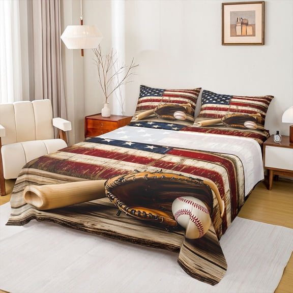 Castle Fairy Baseball Print Bed Sheets for Kids Teens,Vintage USA Flag King Sheets