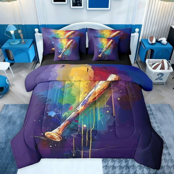 Castle Fairy Baseball Print Bedding Comforter Set 7-Piece for Boys Girls,Watercolor Graffiti Splash King Bedding Sets,Sport Gamer Ultra Soft Bed Sheets,Super Cozy Room Decor,Reversible