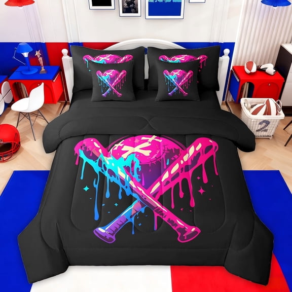 Castle Fairy Baseball Print Bedding Comforter Set,Graffiti Splash Full Bedding Set
