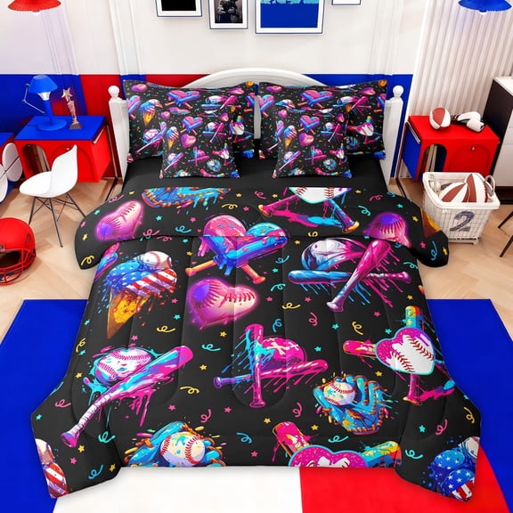 Castle Fairy Baseball Print Bedding Comforter Set,Sport Graffiti Splash Full Bedding Set