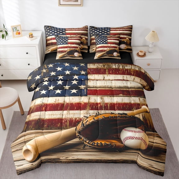 Castle Fairy Baseball Print Bedding Comforter Set,Vintage USA Flag Full Bedding Set