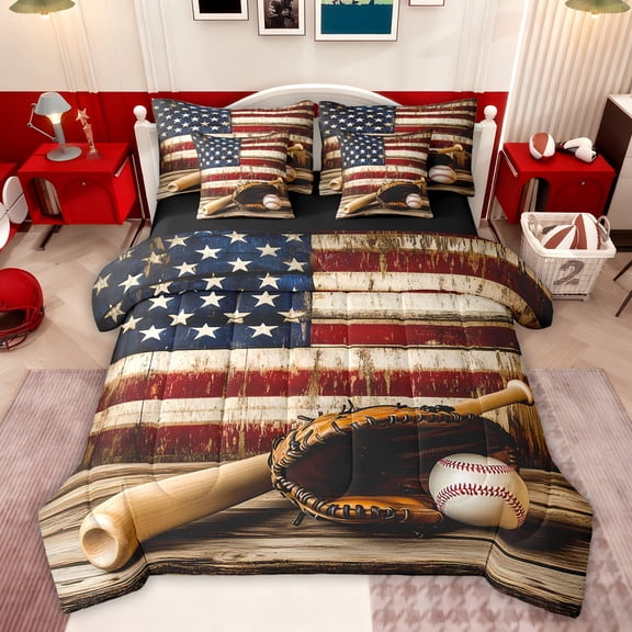 Castle Fairy Baseball Print Bedding Comforter Set,Vintage USA Flag Queen Bedding Sets