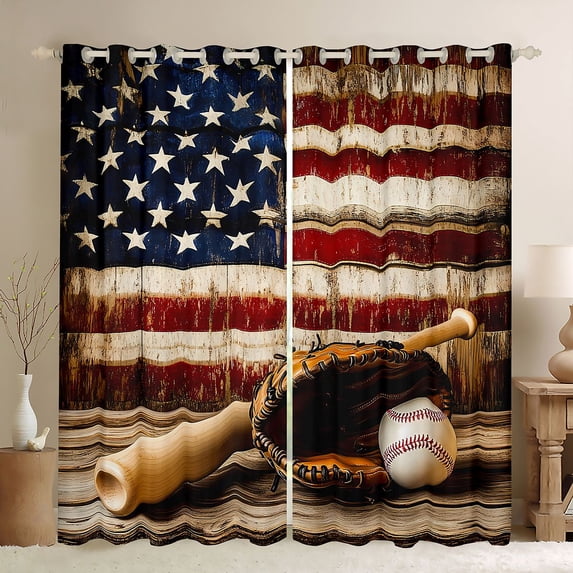 Castle Fairy Baseball Print Black Out Curtains,USA Flag Curtains Pack of 2 (42x63 Each)