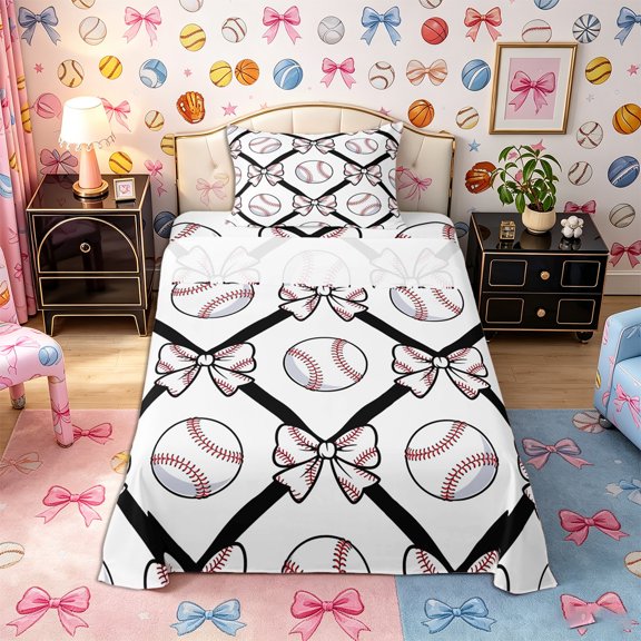 Castle Fairy Baseball Print Bow Twin Sheets 3pcs, Minimalism Grid Bedding, Black White Red,1 Fitted Sheet, 1 Flat Sheet and 1 Pillowcase