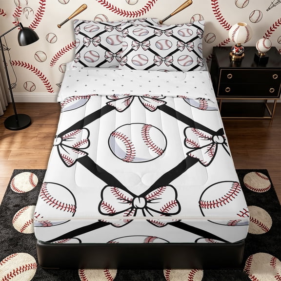 Castle Fairy Baseball Print Bow Zipper Twin Comforter Sets with Fitted Sheet and 2 Pillowcases, Minimalism Grid Zipper Bedding Set, Black White Red,4-Piece