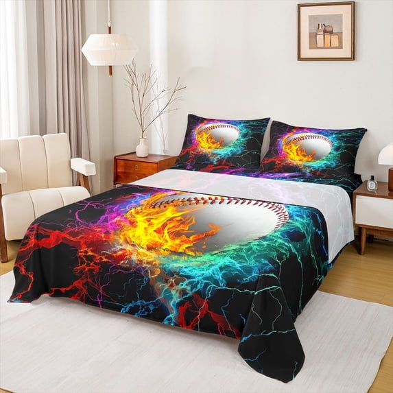 Castle Fairy Baseball Print Boy Twin Sheet Sets,Abstract Flame Water Bedding