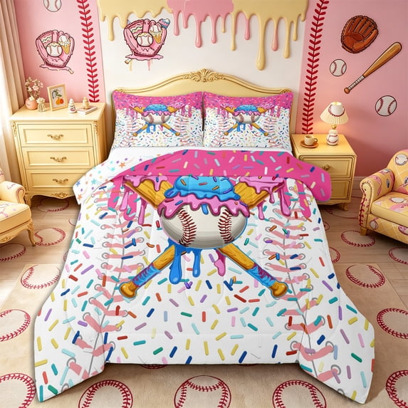 Castle Fairy Baseball Print Full Size Comforter Sets 3-Piece, Ice Cream Drip Bedding Comforter Set, Pink Blue,1 Comforter and 2 Pillowcases