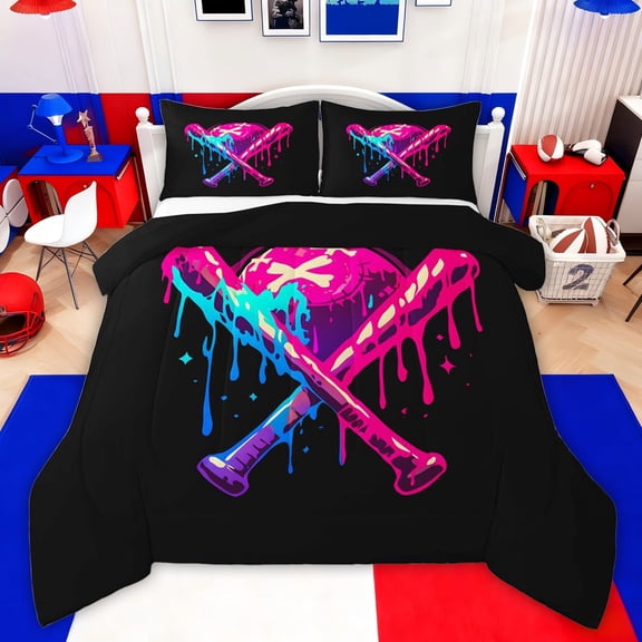 Castle Fairy Baseball Print Full Size Comforter Sets,Graffiti Splash Bedding Sets
