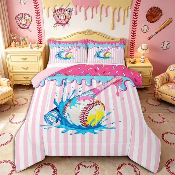 Castle Fairy Baseball Print King Size Comforter Sets 3pcs, Geometric Stripes Ice Cream Drip Comforters King Size, Pink Blue White,Pink Reversible,1 Comforter and 2 Pillowcases