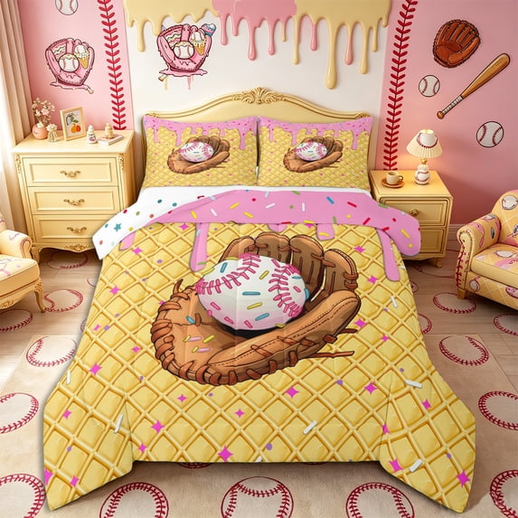 Castle Fairy Baseball Print King Size Comforter Sets 3pcs, Ice Cream Glove Pattern Comforters King Size, Brown Pink,1 Comforter and 2 Pillowcases