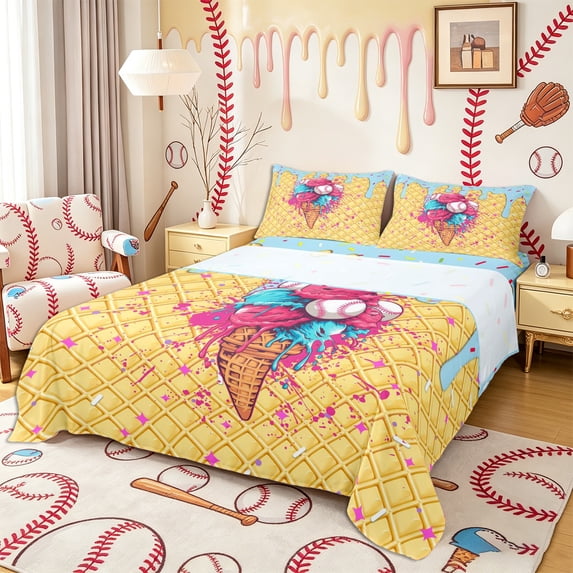 Castle Fairy Baseball Print Queen Sheets 4 Pieces, Ice Cream Cone Pattern Queen Sheet Sets, Pink Blue Yellow,1 Fitted Sheet, 1 Flat Sheet and 2 Pillowcases