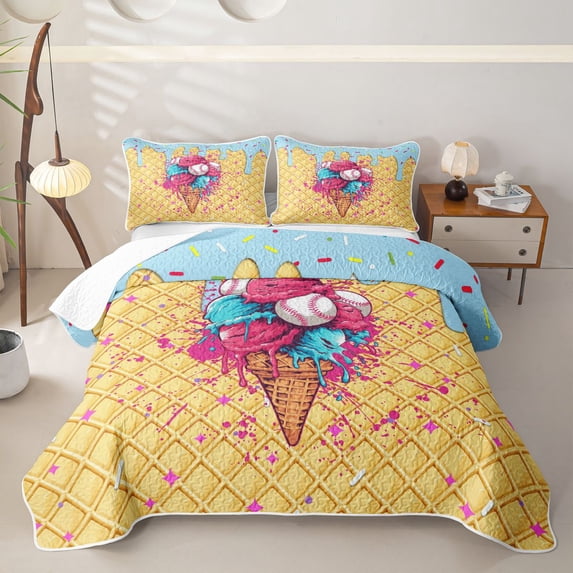 Castle Fairy Baseball Print Quilt Full,Ice Cream Cone Pattern Full Bedspread Sets,Pink Blue Yellow