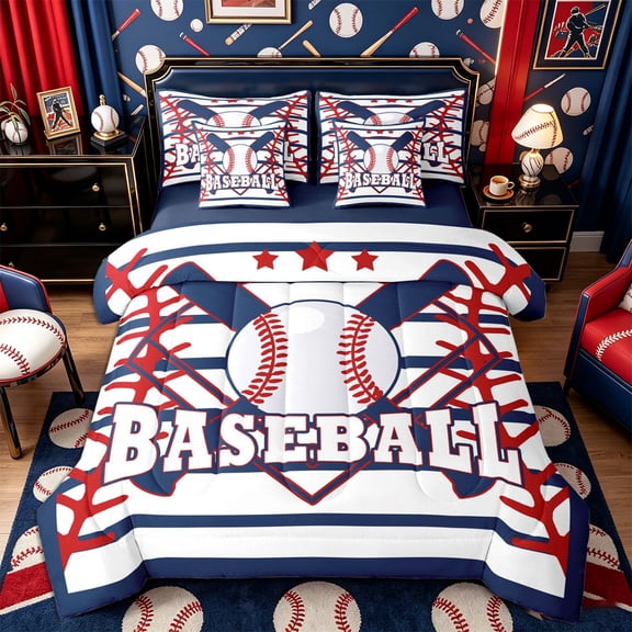 Castle Fairy Baseball Print Twin Bedding 7-Piece, Geometric Stripes Bedding Comforter Set, Red Navy,Navy Blue Reversible