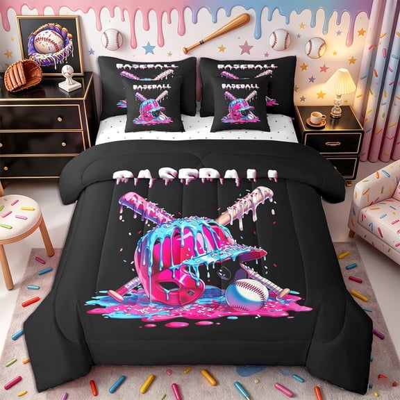 Castle Fairy Baseball Print Twin Bedding 7-Piece, Ice Cream Drip Bedding Comforter Set, Pink Blue Black