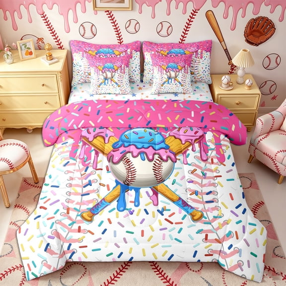 Castle Fairy Baseball Print Twin Bedding 7-Piece, Ice Cream Drip Bedding Comforter Set, Pink Blue