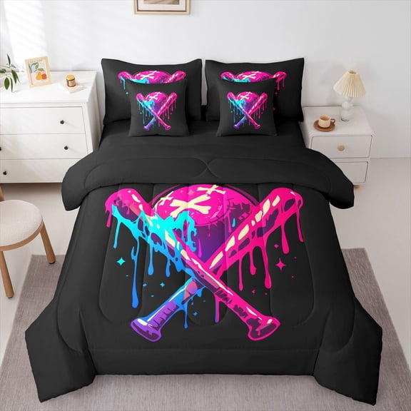 Castle Fairy Baseball Print Twin Bedding Sets,Graffiti Splash Bedding Comforter Set