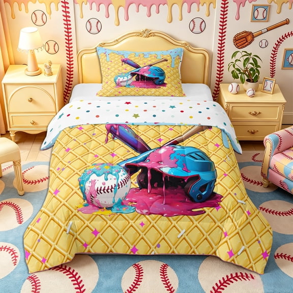 Castle Fairy Baseball Print Twin Comforter Sets 2pcs, Ice Cream Bat Bedding Set, Pink Blue Yellow,1 Comforter and 1 Pillowcase