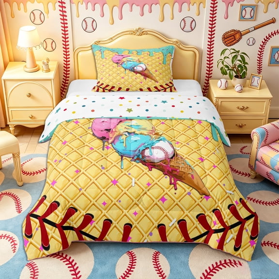 Castle Fairy Baseball Print Twin Comforter Sets 2pcs, Sport Theme Ice Cream Drip Bedding Set, Brown Pink Blue Yellow,1 Comforter and 1 Pillowcase