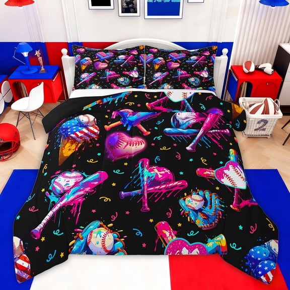 Castle Fairy Baseball Print Twin Comforter Sets,Sport Graffiti Splash Bedding Set