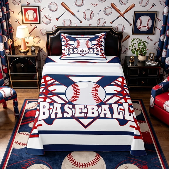 Castle Fairy Baseball Print Twin Sheets 3pcs, Geometric Stripes Bedding, Red Navy,1 Fitted Sheet, 1 Flat Sheet and 1 Pillowcase