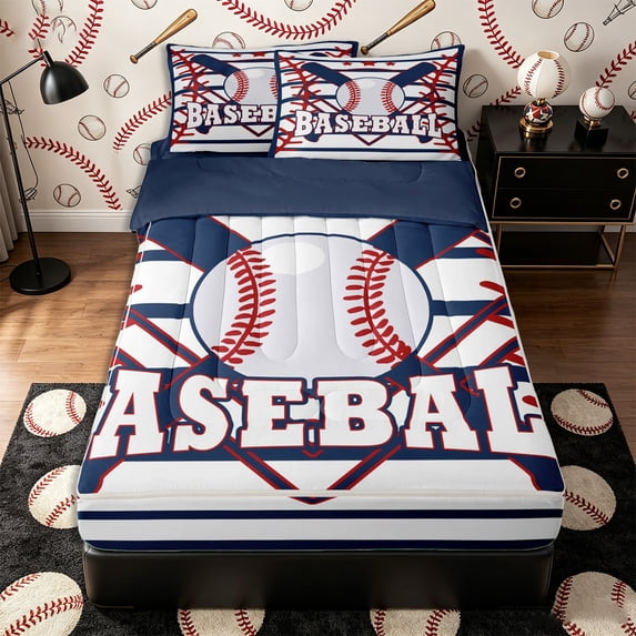 Castle Fairy Baseball Print Zipper Full Size Comforter Sets with Fitted Sheet and 2 Pillowcases, Geometric Stripes Zipper Bedding Set, Red Navy,4pcs,Navy Blue Reversible