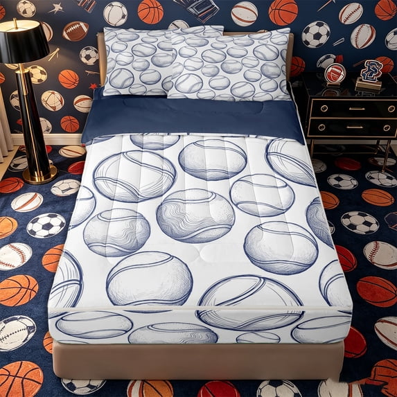 Castle Fairy Baseball Print Zipper Full Size Comforter Sets with Fitted Sheet and 2 Pillowcases, Sport Theme Zipper Bedding Set, White Navy,4pcs,Navy Blue Reversible