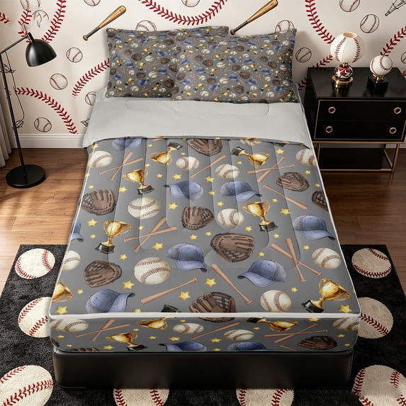 Castle Fairy Baseball Print Zipper Twin Comforter Sets with Fitted Sheet and 2 Pillowcases, Watercolor Stars Print Zipper Bedding Set, Brown Gray Blue,4-Piece,Grey Reversible
