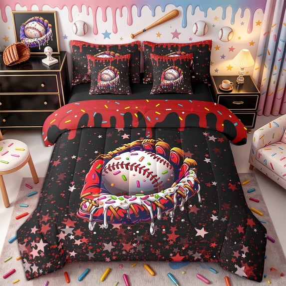 Castle Fairy Baseball Red Glove Full Size Bedding Sets 7 Pieces, Stars Print Ice Cream Drip Full Size Bed in a Bag,Black Reversible