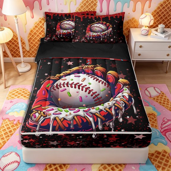 Castle Fairy Baseball Red Glove Zipper Twin Comforter Sets with Fitted Sheet and 2 Pillowcases, Stars Print Ice Cream Drip Zipper Bedding Set,4-Piece,Black Reversible