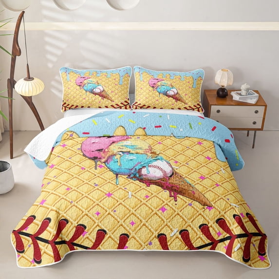 Castle Fairy Baseball Sport Quilt Full,Blue Ice Cream Drip Full Bedspread Sets,Brown Pink Yellow