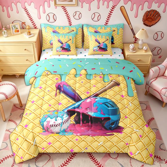 Castle Fairy Baseball Sport Twin Bedding 7-Piece, Ice Cream Drip Bedding Comforter Set, Pink Blue Yellow