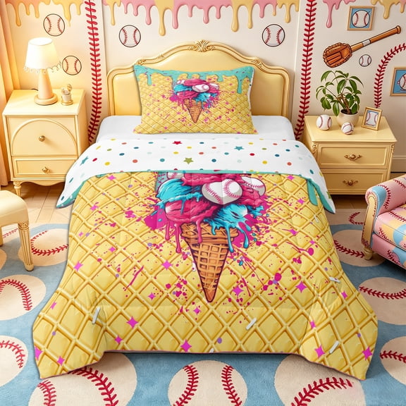 Castle Fairy Baseball Sport Twin Comforter Sets 2pcs, Ice Cream Cone Pattern Bedding Set, Pink Blue Yellow,1 Comforter and 1 Pillowcase
