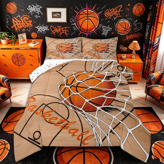 Castle Fairy Basketball Court Print Queen Comforter Set 3 Pieces, Sport Theme Comforter Sets Queen, Orange White Brown,1 Comforter and 2 Pillowcases