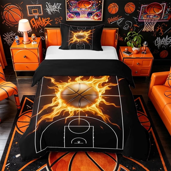 Castle Fairy Basketball Court Print Twin Duvet Cover, Sport Ball Flame Twin Bedding, Black Gold Orange,Black Reversible,2pcs,1 Duvet Cover and 1 Pillowcase
