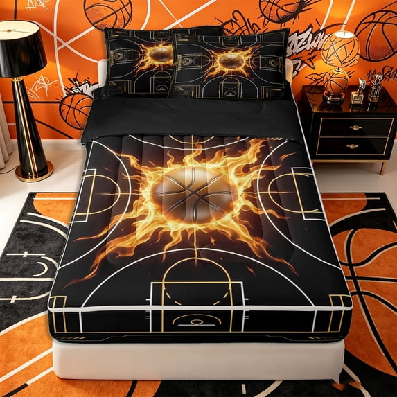 Castle Fairy Basketball Court Print Zipper Twin Comforter Sets with Fitted Sheet and 2 Pillowcases, Sport Ball Flame Zipper Bedding Set, Black Gold Orange,4-Piece,Black Reversible