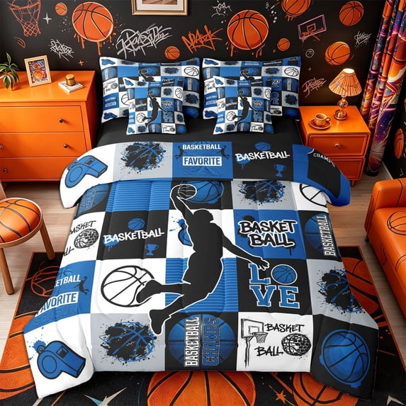 Castle Fairy Basketball Gamer Collage Queen Bedding 7pcs, Sport Geometric Grid Bedding Comforter Set Queen, Black Navy Blue,Black Reversible